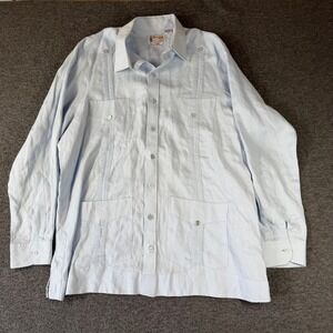 Ramon Puig Guayabera Shirt Mens XL Light Blue 100% Linen Long Sleeve Panama
